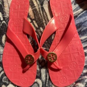 Tory Burch Pink Flip Flops with Gold Logo